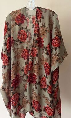 ONE SIZE red tan floral semi sheer long throw jacket GOLD COAST Flowy Kimono